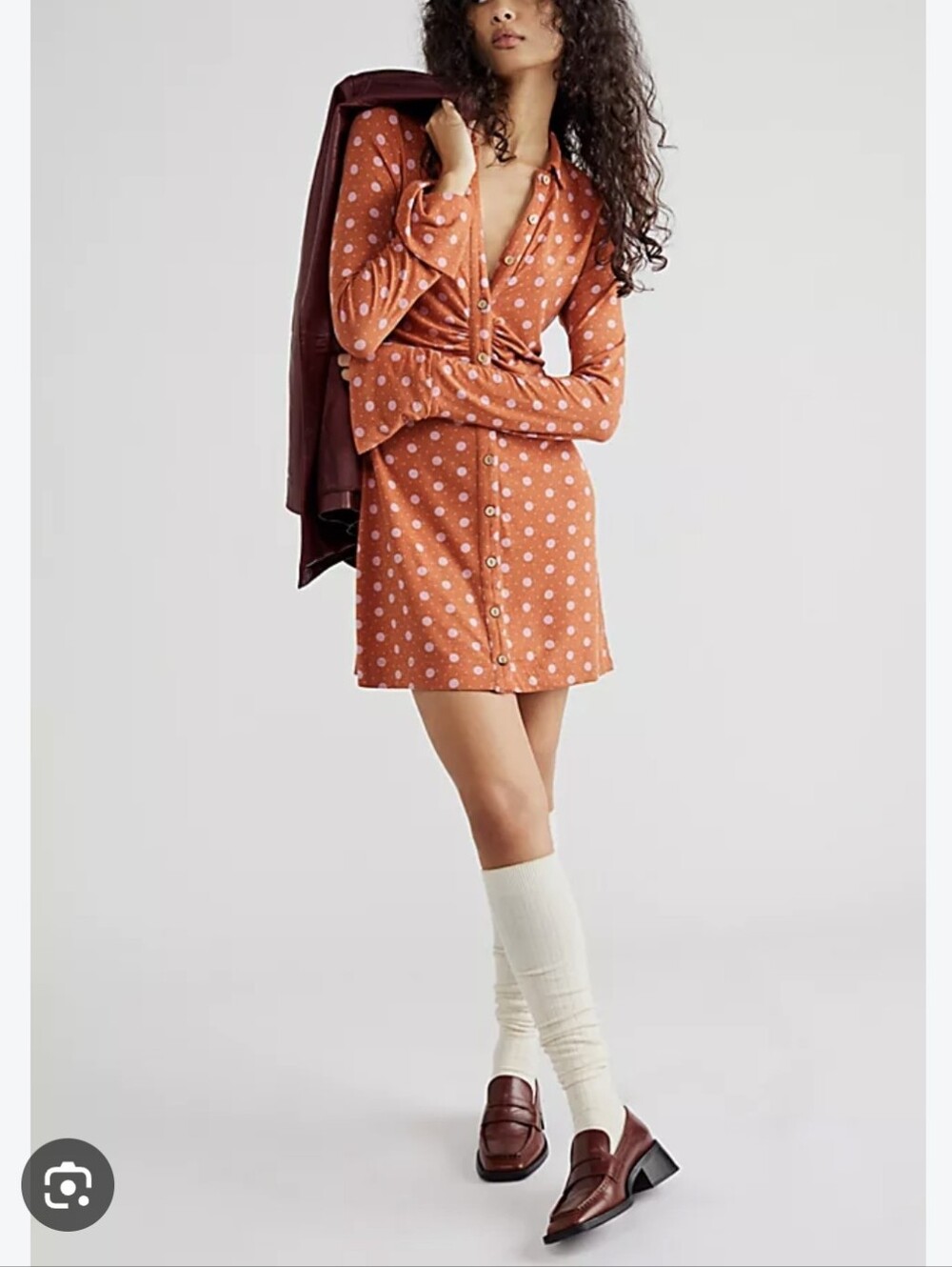 Free People Rust Polka Dot Shayla Button Front Ruched Long Sleeve Mini Dress L